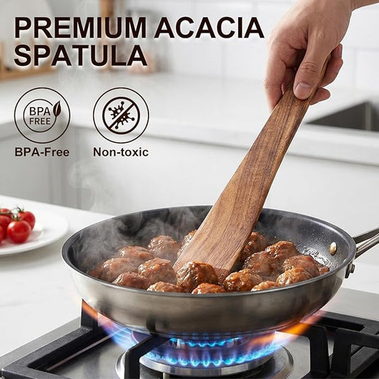4 Pcs Acacia Wooden Spatula Set Non Toxic Kitchen Utensil Set Slotted Turner Flat Wood Wok Spatulas for Cooking Spoon Kitchen Spurtle Bamboo Cooking Utensils Fish Egg Flipper Spatula Cast Iron Scraper