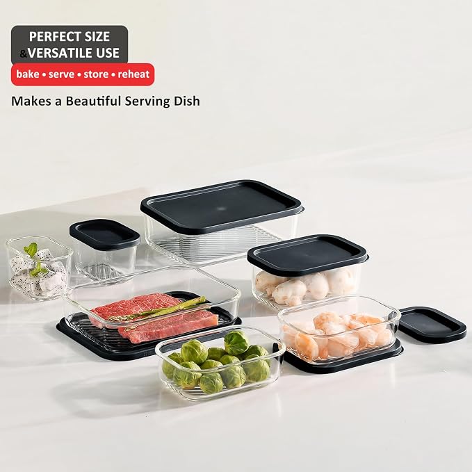 EATEX Grooved Base Glass Meal Prep Containers, 7 Pack Glass Food Storage Containers with Lids for Meal Prep & Lunch, Microwave Oven Freezer Dishwasher Safe, Anti Moisture Non-Stick Design - Black