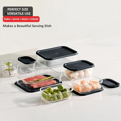 EATEX Grooved Base Glass Meal Prep Containers, 7 Pack Glass Food Storage Containers with Lids for Meal Prep & Lunch, Microwave Oven Freezer Dishwasher Safe, Anti Moisture Non-Stick Design - Black