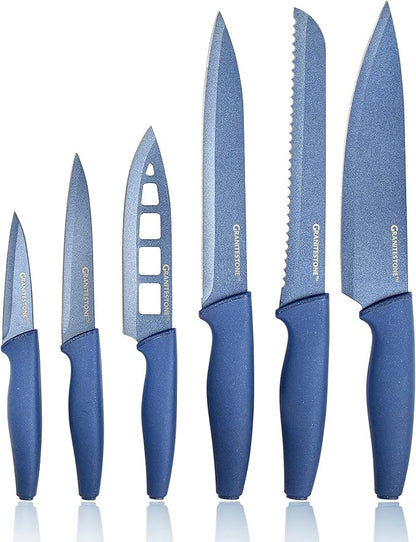 Granitestone Nutriblade Knife Set, High Grade Professional Chef Kitchen Knives Set, Knife Sets Toughened Stainless Steel w Nonstick Mineral Coating, Blue, 6 Piece