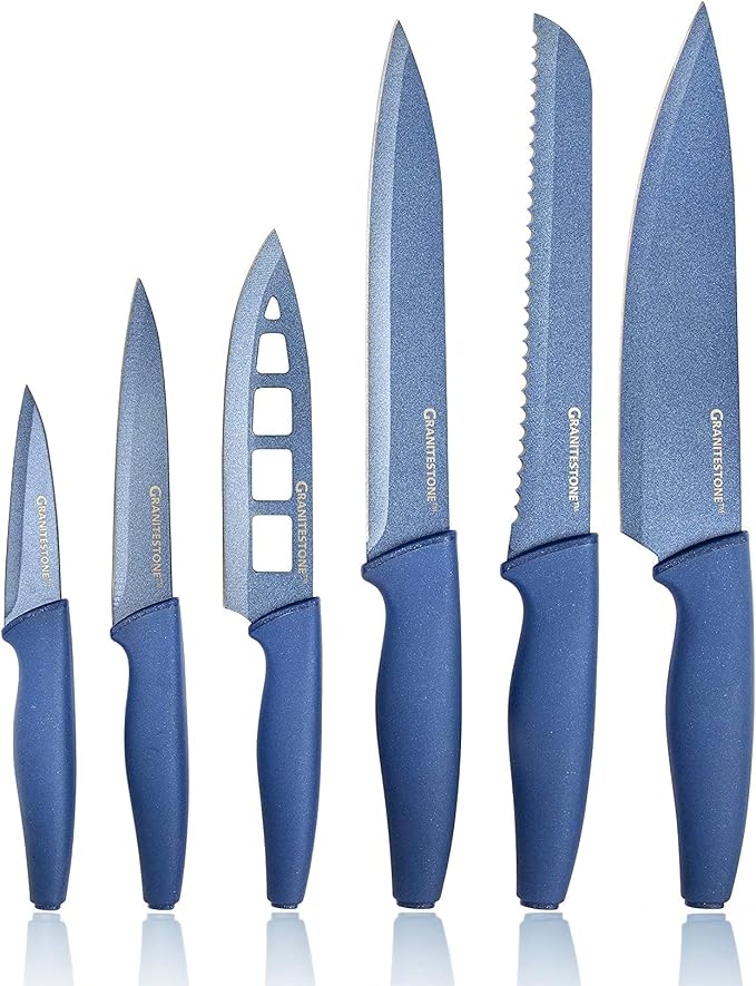 Nutriblade Knife Set with Block by Granitestone 6-Piece Professional Kitchen Chef’s Knives Ultra Sharp Stainless Steel Blades and Nonstick Granite Coating, Easy-Grip and Dishwasher-safe (Blue)