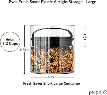 Prepara Evak Fresh Saver Airtight Plastic Container, Large/Short (5.75” x 5.75”, 7.2 Cups), BPA-Free Food Storage Canister Vacuum Sealed Lid Handle, Odor Resistant, Ideal for Coffee Beans & Dry Goods