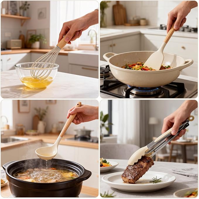 Silicone Cooking Utensil Set,12 PCS Cooking Cookware Kitchen Utensils Set for Cooking, Nonstick 446°F Heat-Resistant Cookware Kitchen Tools of Spoon,Brush,Whisk,Spatula,Turner Tongs (Khaki)