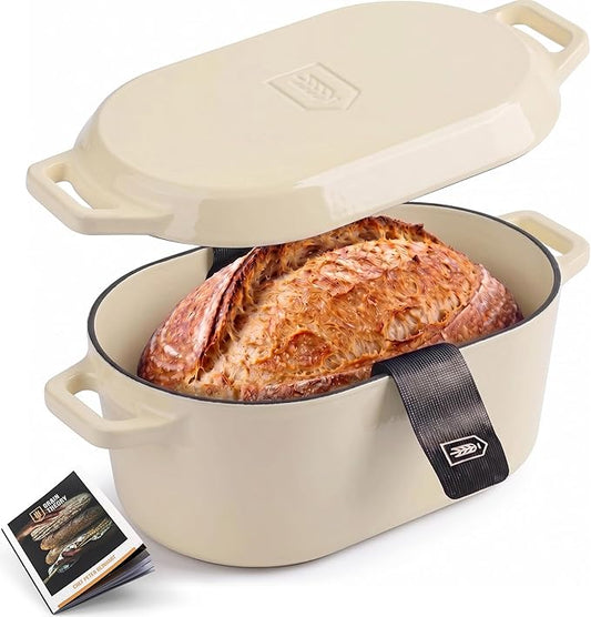 Kook Dutch Oven, For Sourdough Baking, Dual Handles, Enameled Cast Iron, includes Silicone Mat and Sourdough Guide, Dishwasher Safe, Oven safe 500F, 5 Qt, (Ivory)