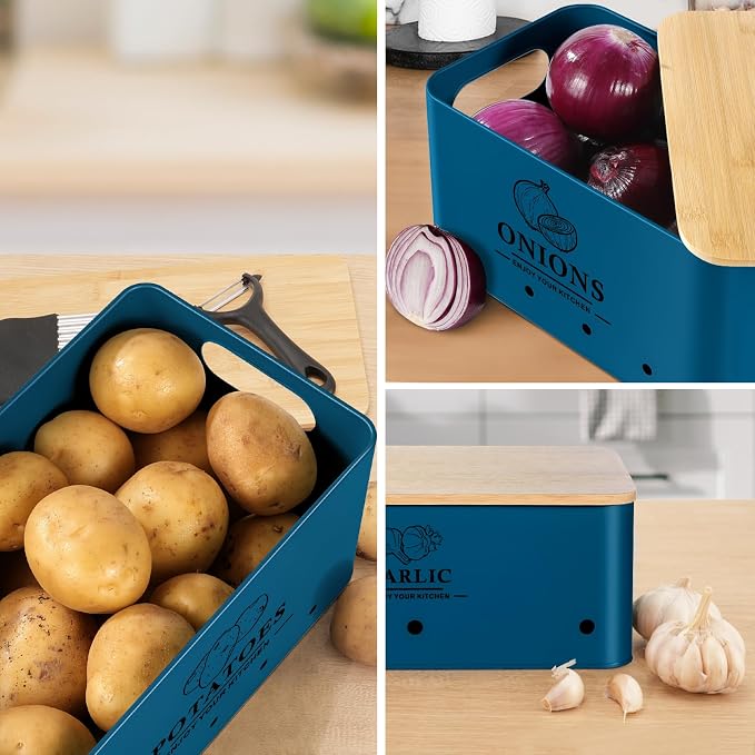Kitchen Vegetable Storage Set of 3, Metal Onion Garlic Potato Storage Set, Kitchen Canisters Vegetable Keeper Containers with Aerating Holes and Wooden Lid (Dark Blue)