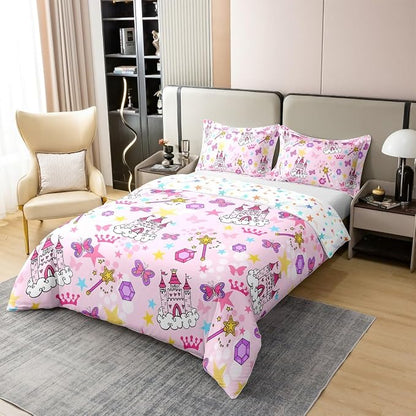 Princess Castle 100% Organic Cotton Comforter Cover Pink Girl Bow Duvet Cover Set Queen Size for Bedroom Watercolor Oil Paint Print Bedding Set with 2 Pillowcases(No Filler)