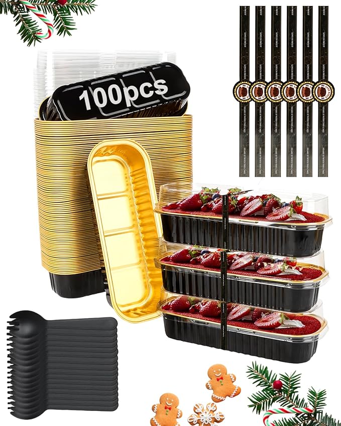 YQER 100 Pack Black Mini Cake Pans with Lids and Spoons, 6.8 oz Disposable Aluminum Foil Mini Loaf Pans with Stickers, Elegant Dessert Cake Tins Containers for Wedding, Parties, Bake Sales and Gifts