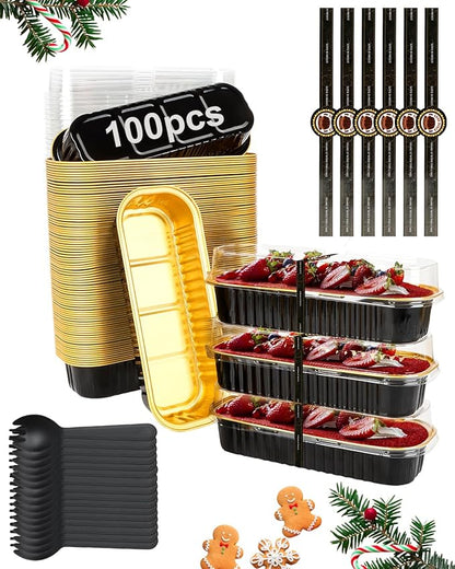 YQER 100 Pack Black Mini Cake Pans with Lids and Spoons, 6.8 oz Disposable Aluminum Foil Mini Loaf Pans with Stickers, Elegant Dessert Cake Tins Containers for Wedding, Parties, Bake Sales and Gifts