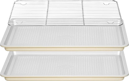 Nonstick Ceramic Baking Sheet With Rack, 2-Pack Half Sheet Pan, Non-Toxic, PTFE & PFOA Free, Warp-Free, Oven Safe 550°F, Dishwasher Safe, Aluminized Steel, Gray Yellow