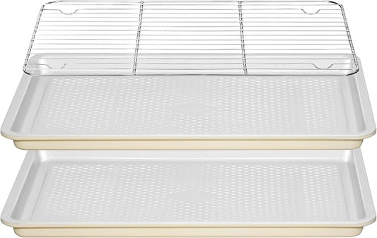 Nonstick Ceramic Baking Sheet With Rack, 2-Pack Half Sheet Pan, Non-Toxic, PTFE & PFOA Free, Warp-Free, Oven Safe 550°F, Dishwasher Safe, Aluminized Steel, Gray Yellow
