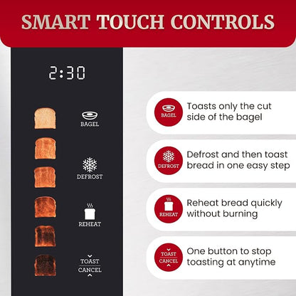Elite Gourmet ECT2470 2-Slice Automatic Motorized Toaster, No-Lever Digital Touchscreen, Extra-Wide Slots, 6 Browning Levels, Bagel/Defrost/Reheat, Stainless Steel