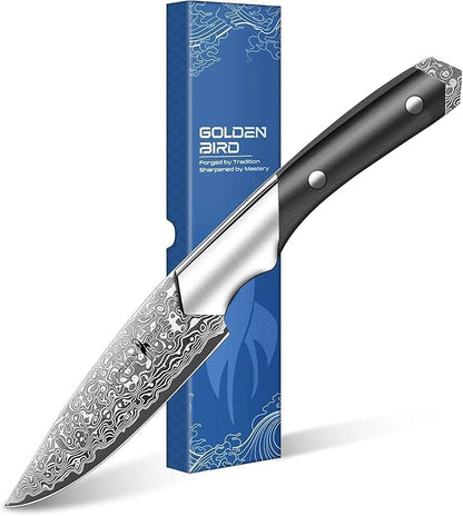 Golden Bird Damascus Paring Knife, 4 Inch VG-10 Damascus Steel Fruit Knife, Small Kitchen Knives for Precision Cutting, Japanese Peeling Knives with Wooden Handle,Gifts for Men Women