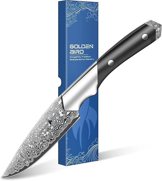 Golden Bird Damascus Paring Knife, 4 Inch VG-10 Damascus Steel Fruit Knife, Small Kitchen Knives for Precision Cutting, Japanese Peeling Knives with Wooden Handle,Gifts for Men Women