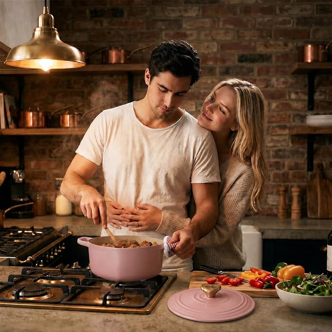 Overmont Heart-Shaped Enameled Cast Iron Dutch Oven, 2QT Pink Mini Pot with Lid for Cozy Meals, Soups & Small Batch Baking, Cute Kitchen Cookware Gift for Wedding, Housewarming & Birthday