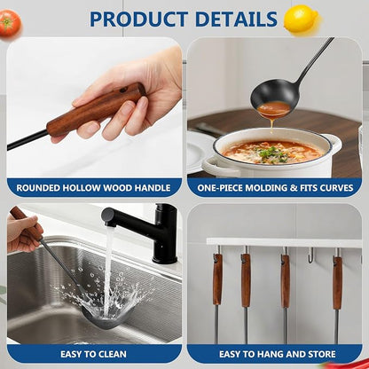 304 Stainless Steel Kitchen Utensils Set, 6 Pcs Long Cooking Utensils Set with Wooden Handle, Large Heat Resistant Kitchen Tools(Black, Dishwasher Safe)