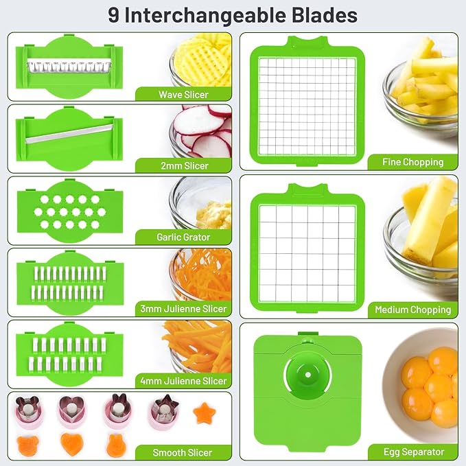 13-in-1 Vegetable Chopper, Full-Function Onion Chopper Slicer Dicer with Decorative Molds, 1.5L Container, Hand Guard and Blade Storage for Party and Lunchbox Prep, Gray Green(Grey & Green)