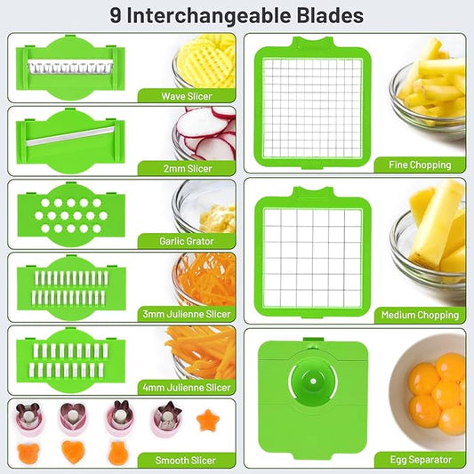 13-in-1 Vegetable Chopper, Full-Function Onion Chopper Slicer Dicer with Decorative Molds, 1.5L Container, Hand Guard and Blade Storage for Party and Lunchbox Prep, Gray Green(Grey & Green)