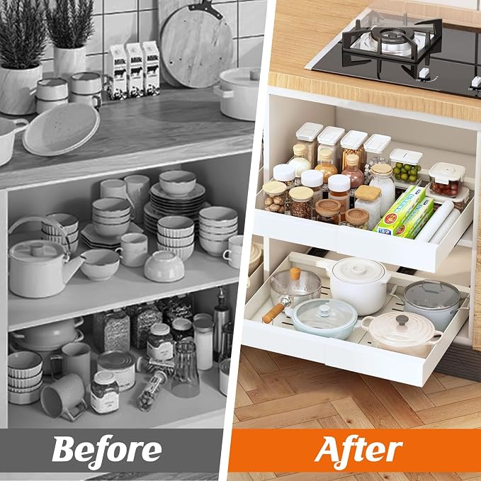 Ancaixin Pull Out Cabinet Organizer, 2PC 21" Deep Expandable (12"-21") Pull Out Drawers for Cabinets with Adhesive, Slide Out Drawers Roll Out Shelf for Kitchen, Bathroom, Under Sink Storage(White)