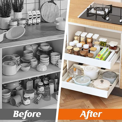 Ancaixin Pull Out Cabinet Organizer, 2PC 21" Deep Expandable (12"-21") Pull Out Drawers for Cabinets with Adhesive, Slide Out Drawers Roll Out Shelf for Kitchen, Bathroom, Under Sink Storage(White)
