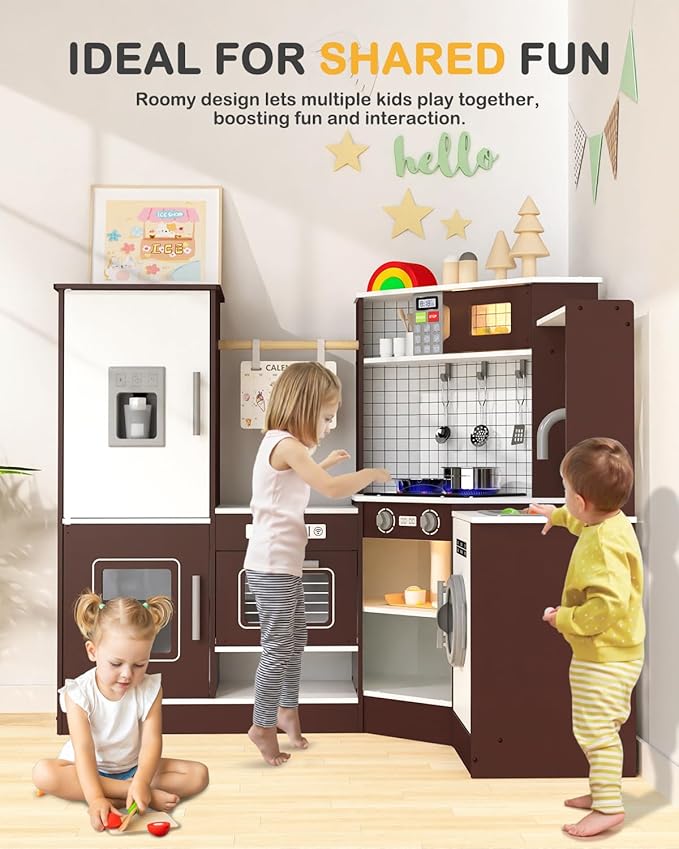 Babytronic Corner Wooden Play Kitchen Set for Kids w/Lights & Sounds, Pretend Play Kitchen Playset with Stove, Microwave, Ice Maker & Accessories, Perfect for Toddlers & Multiple Children (Coffee)