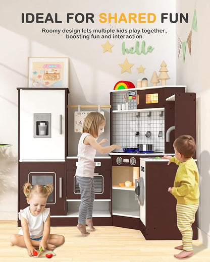 Babytronic Corner Wooden Play Kitchen Set for Kids w/Lights & Sounds, Pretend Play Kitchen Playset with Stove, Microwave, Ice Maker & Accessories, Perfect for Toddlers & Multiple Children (Coffee)