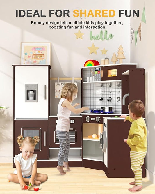 Babytronic Corner Wooden Play Kitchen Set for Kids w/Lights & Sounds, Pretend Play Kitchen Playset with Stove, Microwave, Ice Maker & Accessories, Perfect for Toddlers & Multiple Children (Coffee)