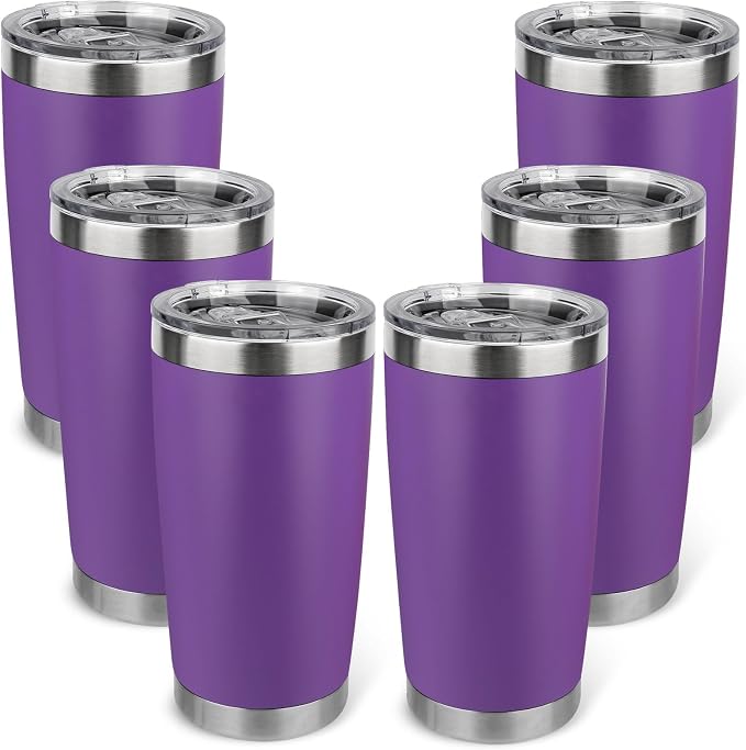 20oz Stainless Steel Tumbler Bulk with Lid, Travel Mug - Double Wall Vacuum Powder Coated Cup - Purple, 6 Pack