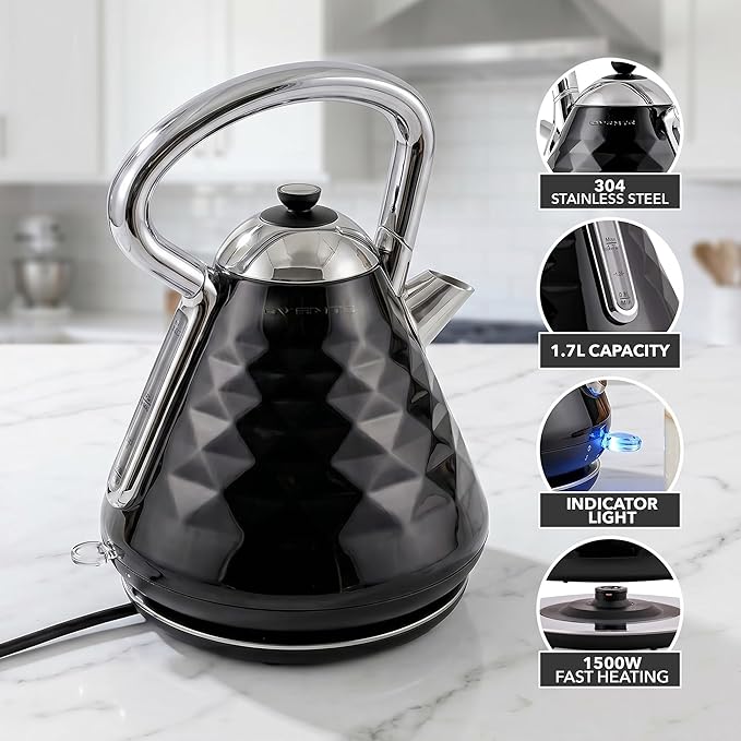OVENTE Retro Electric Kettle, 1.7L Stainless Steel Tea Kettle, 1500W Fast Heating Hot Water Boiler with LED Indicator Light, Auto Shut-Off & Boil-Dry Protection, BPA-Free Teapot, Black KS755B