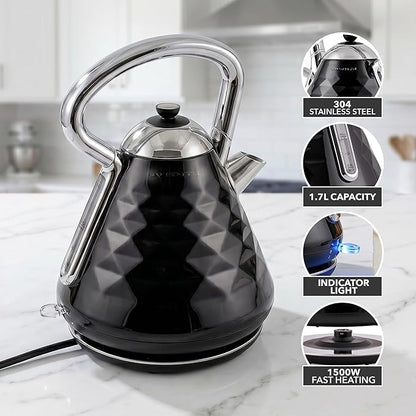 OVENTE Retro Electric Kettle, 1.7L Stainless Steel Tea Kettle, 1500W Fast Heating Hot Water Boiler with LED Indicator Light, Auto Shut-Off & Boil-Dry Protection, BPA-Free Teapot, Black KS755B