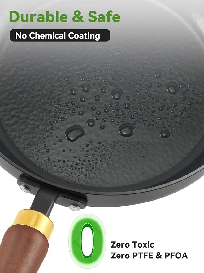 Carbon Steel Skillet, 11-Inch Nonstick Frying Pan, Season-Free Enameled Carbon Steel Pan,Stay-Cool Wooden Handle, Non Toxic, PTFE & PFOA Free Oven-Safe