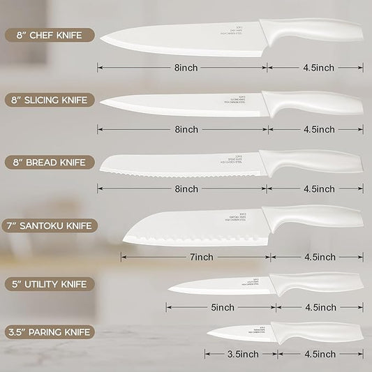 E-far 12-Piece Kitchen Knife Set, Stainless Steel Chef Knives Set with 6 Blade Guards, Sharp Kitchen Cooking Knife with Ergonomic Handle, Anti-Rust & Easy to Clean (Cream)