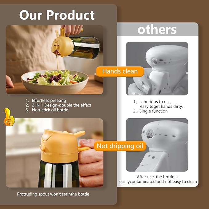 SWEET VIEW Olive Oil Dispenser and Oil Sprayer – 16oz/470ml Glass Light-Proof Oil Pourer for Kitchen Air Fryer, Cooking, Salad, and BBQ, with Stickers