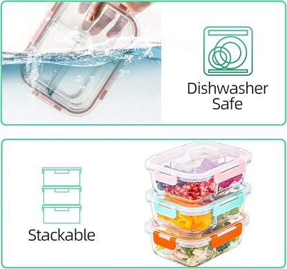 C CREST 5-Pack,3 Compartment Glass Meal Prep Containers Set,34oz, Divided Glass Food Storage Containers with Lids, Glass Lunch Box with Dividers
