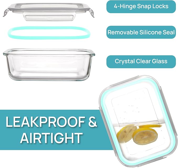 Vtopmart 5 Pack 35oz Glass Food Storage Containers with Lids, Meal Prep Containers, Airtight Reusable Lunch Container Set, Safe for Oven, Microwave, Freezer, and Dishwasher, Multicolour