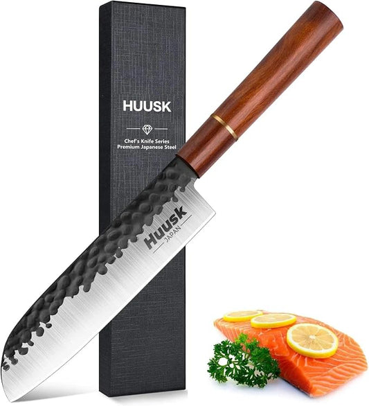 Huusk Japan Knife, 7 Inch Santoku Kitchen Knife, Professional Japanese Chefs Knives Hand Forged High Carbon Steel Sharp Chopping Knives, Ergonomic Rosewood Handle, for Meat, Fish,Ideal Gifts