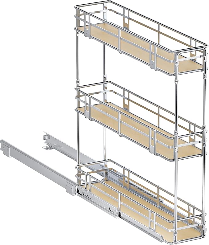 6" W x 20.5" D 3-Tier Pull Out Spice Rack Organizer, Solid Wood Base Slide Out Cabinet Shelf for Narrow Kitchen Cabinets, Chrome Pantry Storage