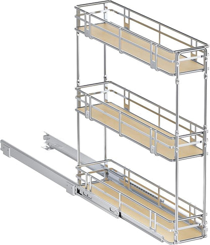 6" W x 20.5" D 3-Tier Pull Out Spice Rack Organizer, Solid Wood Base Slide Out Cabinet Shelf for Narrow Kitchen Cabinets, Chrome Pantry Storage