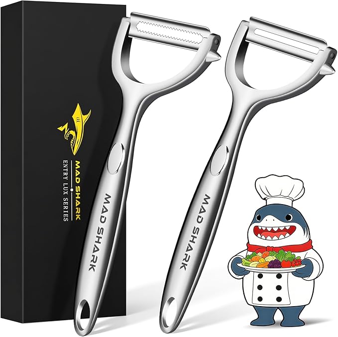 MAD SHARK Ultra Sharp Vegetable Peelers for Kitchen Fruit Apple Potato Peelers,Design with Ergonomic Non-Slip Handle, Y-Shaped Stainless Steel Serrated（Flat&Serrated Blade 2pc）
