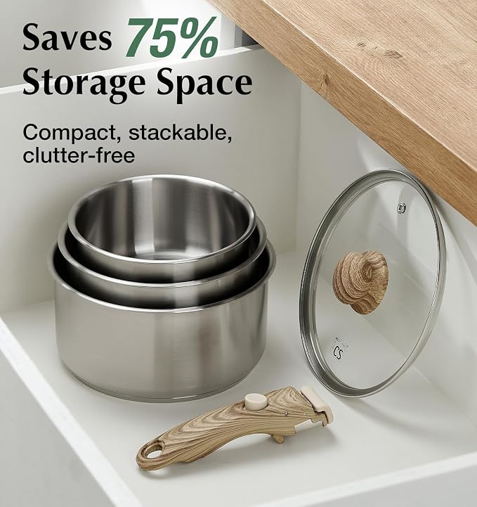 KOCH SYSTEME CS 18/10 Stainless Steel Saucepan Set Removable Handle, 1.5QT & 2QT & 3QT Sauce Pan with Lids, 6pcs Sauce Pot Detachable Handle, Induction Ready, Camping Cookware Set, Father Day Gifts
