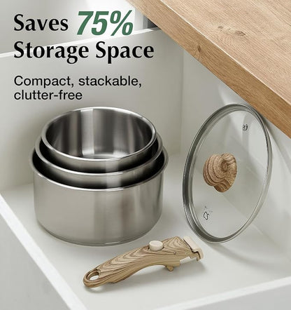 KOCH SYSTEME CS 18/10 Stainless Steel Saucepan Set Removable Handle, 1.5QT & 2QT & 3QT Sauce Pan with Lids, 6pcs Sauce Pot Detachable Handle, Induction Ready, Camping Cookware Set, Father Day Gifts