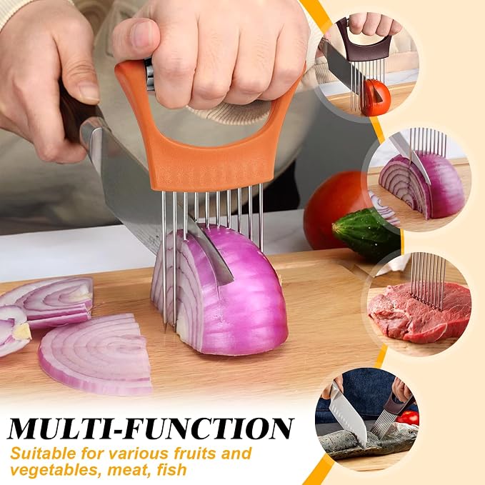 Stainless Steel Onion Holder for Slicing,Onion Slicer Holder, Onion Cutter for Slicing of Onions, Tomatoes,Avocados,Eggs and Other Vegetables,Kitchen Utensils Gift (Orange)