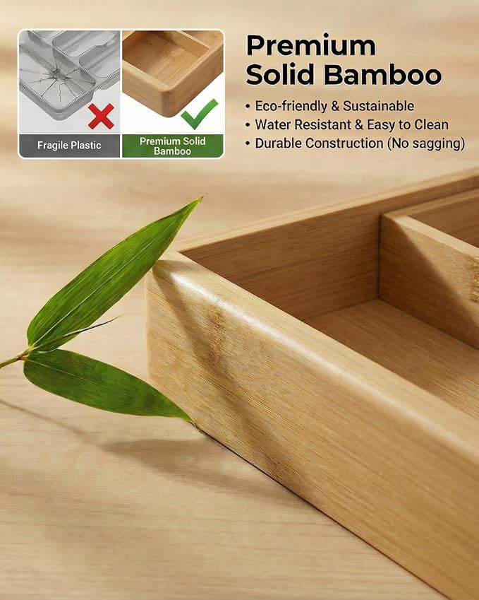 Expandable Bamboo Silverware Drawer Organizer – Adjustable 21" Wide Wooden Utensil Tray with 9-Compartments, Large Kitchen Flatware & Spoon Holder, Natural Solid Wood for Drawers
