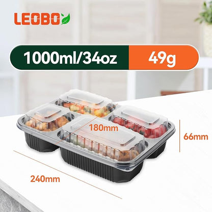 40 Pack 34oz 4-Compartment Bento Box - Shrink-Wrapped No Pre-Wash | Leak-Resistant Takeout Containers | BPA Free Shatterproof Flexible PP | Microwave Safe To Go Box, Bulk Leftover Storage