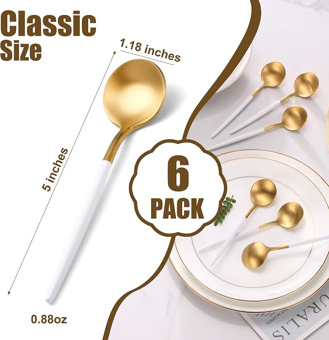 White Gold Coffee Spoons Set,Stainless Steel Teaspoons of 6,Espresso Spoons 5.11 inch,Demitasse Dessert Scoop,Small Tea Scoop Mini for Stirring,Matte Finish,Dishwasher Safe