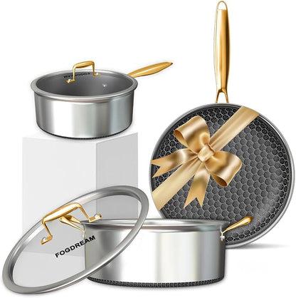 FogDream Non Stick Frying Pots and Pans Set, 9.5in Frying Pan, 5-Quart Soup Pot & 2.3-Quart Sauce Pan, Tri-Ply Stainless Steel Skillet for All Cooktops, Dishwasher & Oven-Safe Cookware Set, Gold