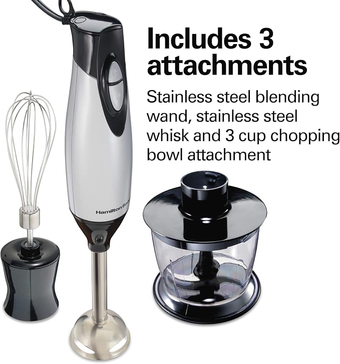 Hamilton Beach 4-in-1 Electric Immersion Hand Blender with Handheld Blending Stick, Whisk + 3-Cup Food & Vegetable Chopper Bowl, 2-Speeds, 225 Watts, Silver and Stainless Steel (59765)