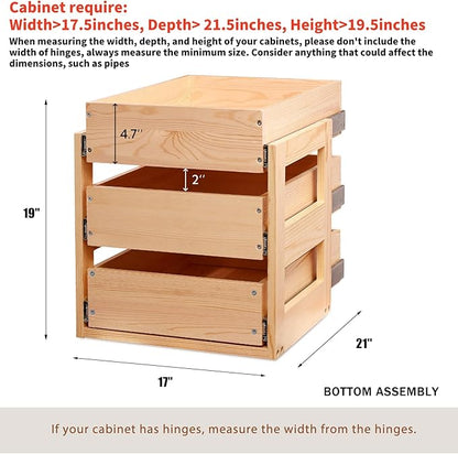 Mulush Pull Out Drawers For Cabinets, 17''W×21''D×19''H Soft Close Slide Out Wood Shelves Storage Organizer for Kitchen, 3-Tier, Finished, Heavy-Duty, Bottom Assembly