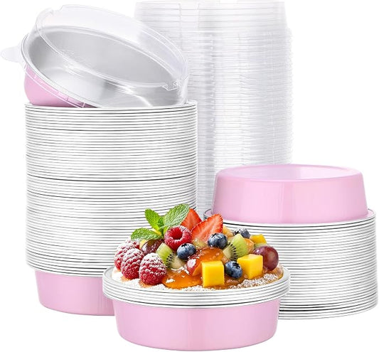 Beasea Aluminum Cupcake Pans With Lids, 100 Pack 7.3oz Disposable Pie Pans For Cake, 4 Inch Aluminum Pie Tart Baking Cups Tins Round Oven Mini Cake Pan For Tart Quiche Dessert - Pastel Pink