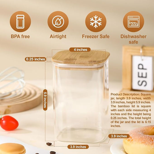 3-Pack Square Glass Containers with Bamboo Lids, 32 fl oz/720ml Airtight Canister Set, Clean Elegant Storage Jars for Candy, Coffee, Tea, Sugar, Flour, Cookies, Spices