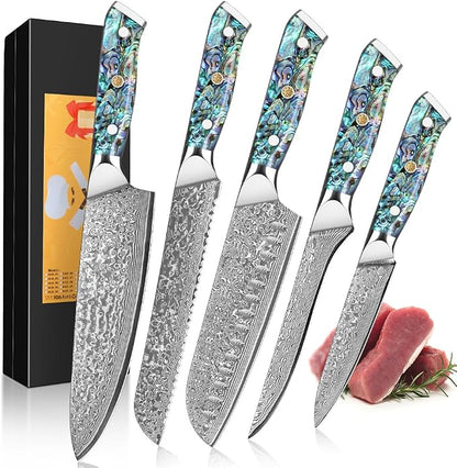 KEENZO Damascus Chef Knife Set 5 pcs, Professional Kitchen Knives Set, Chef's Knife, Santoku,Bread, Paring, Fillet, Utility,Sharp Blade Cooking Knife set, Ergonomic Abalone Shell handle with Gift Box